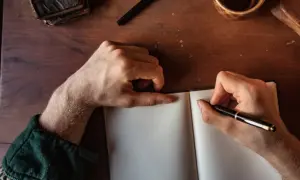Manos escribiendo en un cuaderno abierto, buscando inspiración para frases bonitas para dedicar un libro. Una pluma, un libro antiguo y una taza de café completan la escena.