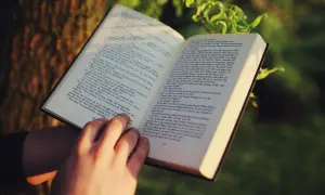 Manos sostienen un libro abierto, ideal para libros para empezar a leer adultos. La luz del sol ilumina las páginas.