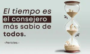 Reloj de arena con escenas de la vida y la frase "El tiempo es el consejero más sabio de todos".