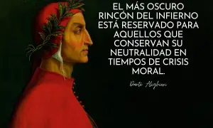 Retrato de Dante Alighieri con una corona de laurel, acompañado de una de sus famosas dante alighieri frases sobre la neutralidad en tiempos de crisis moral.