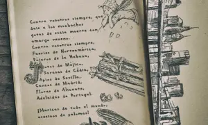 Un cuaderno abierto con dibujos y frases de Federico García Lorca. Se ve un hada, un haz de leña y una ciudad.
