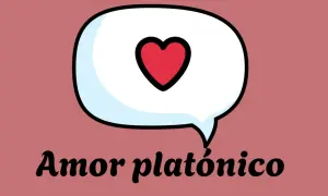 Un corazón rojo dentro de una burbuja de diálogo, con el texto "Amor platónico" debajo. El amor platónico significado.