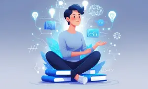 Persona sapiosexual que es: una persona sentada sobre libros, rodeada de ideas y conocimiento, simbolizando la atracción por la inteligencia.