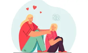 Una mujer consuela a otra, ayudándola a superar el trauma infantil. Corazones flotan sobre ellas, simbolizando amor y sanación.