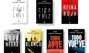 Los libros de Juan Gómez-Jurado en orden: El Paciente, Cicatriz, Reina Roja, Loba Negra, Rey Blanco, Todo Arde y Todo Vuelve.