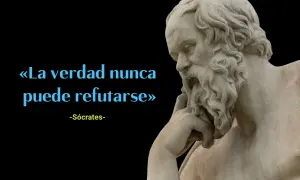 Busto de Sócrates con la frase "La verdad nunca puede refutarse" en azul. Frases de Sócrates que invitan a la reflexión.