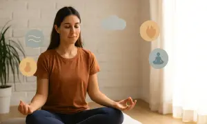 Mujer meditando, rodeada de iconos que representan diferentes tipos de meditación: calma, conexión, corazón y postura.