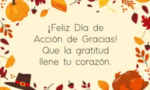 Tarjeta de Acción de Gracias con pavo, pastel y calabaza. ¡Bonitas frases de agradecimiento para celebrar la gratitud!