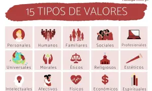 15 tipos de valores: personales, humanos, familiares, sociales, profesionales, universales, morales, éticos, religiosos, estéticos, intelectuales, afectivos, físicos, económicos y espirituales. Ejemplos de valores que guían a una persona.