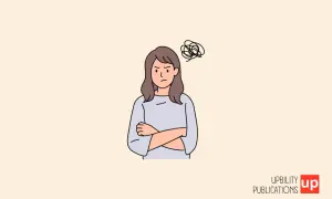 Mujer con brazos cruzados y expresión de enfado, con un símbolo de enredo sobre su cabeza, representando ataques de ira.