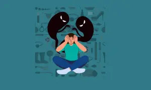 Persona angustiada con sombras que la atormentan, rodeada de objetos que sugieren pensamientos intrusivos sobre sexualidad.