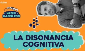 Un hombre reflexiona sobre la disonancia cognitiva, con un globo de pensamiento que dice "No debí hacer eso".