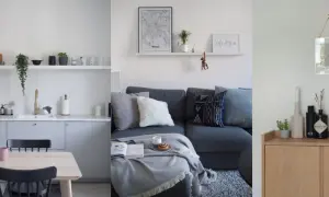 Cocina, salón y mueble de madera con objetos decorativos. El hygge significado se refleja en la calidez y el confort de estos espacios.