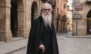 Un hombre con barba larga y gafas, vestido con capa y bastón, evoca las frases de Valle Inclán en una calle empedrada.