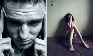 Un hombre con las manos en la cabeza y una mujer sentada en el suelo, ambos reflejando la tristeza de la distimia que es.