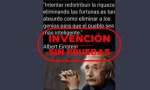 Imagen con frases de Albert Einstein. Una cita sobre la redistribución de la riqueza y la inteligencia, marcada como "invención sin pruebas".