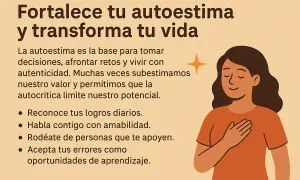 Ilustración de una mujer con la mano en el pecho, sonriendo, con el texto "Fortalece tu autoestima y transforma tu vida". Consejos para mejorar la autoestima.