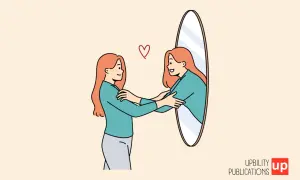 Una mujer se abraza a sí misma frente a un espejo, reflejando el verdadero autoestima significado. Un corazón rojo simboliza el amor propio.