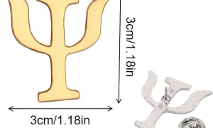 Un pin dorado con el símbolo de psicología, Psi (Ψ), de 3cm. A su lado, otro pin plateado con el mismo símbolo y su broche.