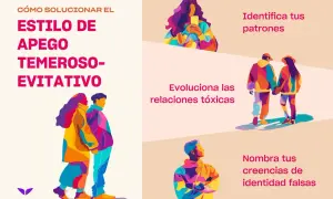 Ilustración sobre cómo solucionar el **apego evitativo en pareja**. Muestra pasos como identificar patrones y evolucionar relaciones tóxicas.