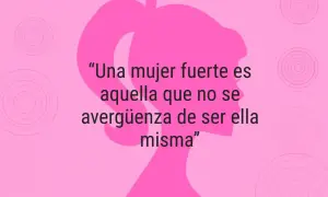 Silueta rosa de mujer con coleta, cita sobre sabias frases de mujeres fuertes: "Una mujer fuerte es aquella que no se avergüenza de ser ella misma".