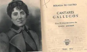 Retrato de Rosalía de Castro junto a su obra "Cantares Gallegos", un tesoro de frases y poemas.