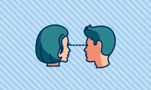 Perfiles de hombre y mujer mirándose, con una línea punteada entre sus ojos, simbolizando el contacto cero.