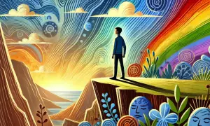 Un joven mira un paisaje vibrante y surrealista, con un arcoíris y un sol naciente. Se siente bien al ser diferente al resto.