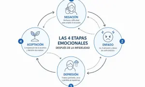 Diagrama de las 4 etapas emocionales tras una infidelidad: negación, enfado, depresión y aceptación.
