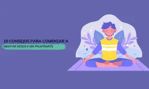Joven meditando en posición de loto, con texto "10 consejos para comenzar a meditar sin frustrarte".