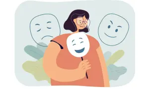 Persona con máscara sonriente, ocultando su tristeza. Un reflejo de la anestesia emocional en la sociedad actual.