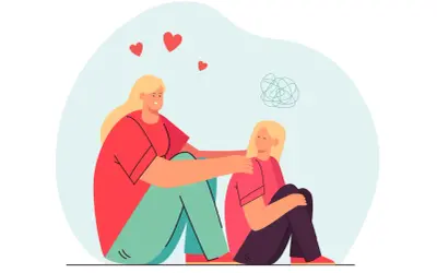 Una mujer consuela a otra, ayudándola a superar el trauma infantil. Corazones flotan sobre ellas, simbolizando amor y sanación.