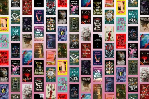 Mosaico de portadas de libros con títulos como "A Game in Yellow", "Girl Dinner" y "The Blood Queen".