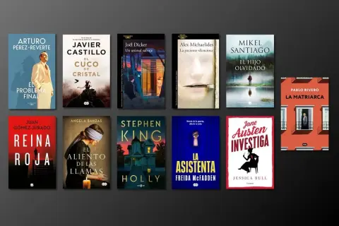 Colección de portadas de **mejores novelas negras**: "El problema final", "El cuco de cristal", "Un animal salvaje", "La paciente silenciosa", "El hijo olvidado", "La matriarca", "Reina roja", "El aliento de las llamas", "Holly", "La asistenta" y "Jane...