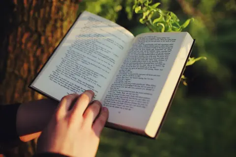 Manos sostienen un libro abierto, ideal para libros para empezar a leer adultos. La luz del sol ilumina las páginas.