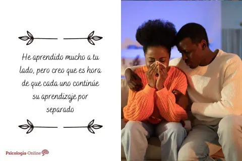 Una pareja se despide con tristeza. Ella llora, él la consuela. La imagen evoca el difícil proceso de como dejar a tu pareja, buscando un nuevo aprendizaje individual.