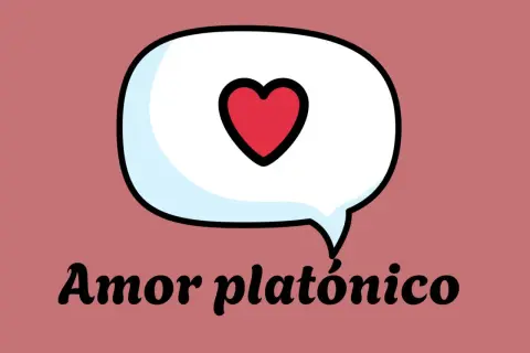 Un corazón rojo dentro de una burbuja de diálogo, con el texto "Amor platónico" debajo. El amor platónico significado.