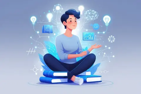 Persona sapiosexual que es: una persona sentada sobre libros, rodeada de ideas y conocimiento, simbolizando la atracción por la inteligencia.