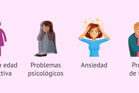 Ilustraciones sobre mujeres en edad reproductiva, problemas psicológicos, ansiedad y problemas de fertilidad, que pueden relacionarse con un embarazo psicológico.