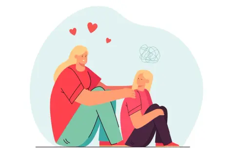 Una mujer consuela a otra, ayudándola a superar el trauma infantil. Corazones flotan sobre ellas, simbolizando amor y sanación.