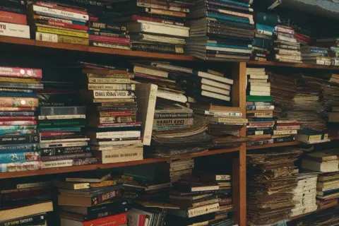 Estanterías repletas de libros, algunos con títulos sugerentes como "libros prohibidos", crean un laberinto de conocimiento y misterio.
