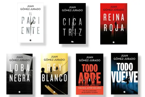 Los libros de Juan Gómez-Jurado en orden: El Paciente, Cicatriz, Reina Roja, Loba Negra, Rey Blanco, Todo Arde y Todo Vuelve.