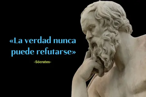 Busto de Sócrates con la frase "La verdad nunca puede refutarse" en azul. Frases de Sócrates que invitan a la reflexión.