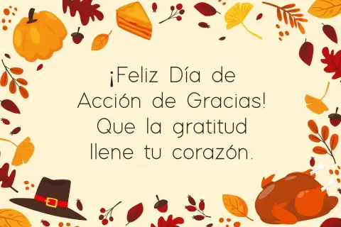 Tarjeta de Acción de Gracias con pavo, pastel y calabaza. ¡Bonitas frases de agradecimiento para celebrar la gratitud!