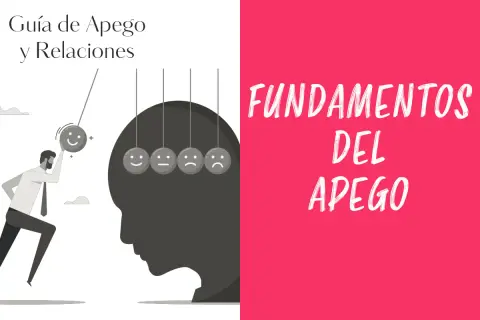 Guía de apego y relaciones. Un hombre impulsa una bola con cara feliz, representando el apego seguro, hacia otras bolas con diferentes expresiones.
