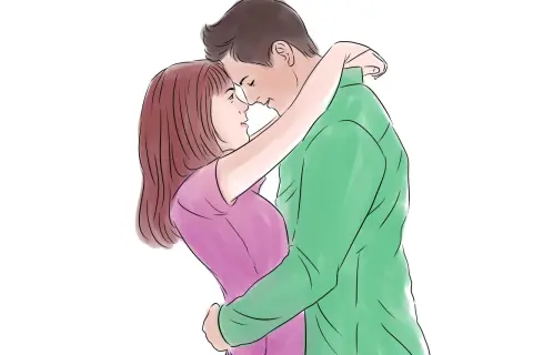 Una pareja se abraza, sus frentes se tocan, listos para como lanzarse a besar a alguien.