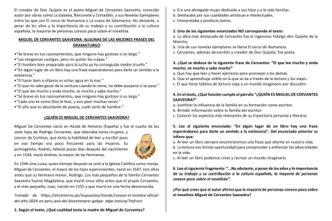 Página con información sobre Miguel de Cervantes Saavedra, incluyendo frases célebres y datos biográficos. Se mencionan frases de Cervantes y su obra.