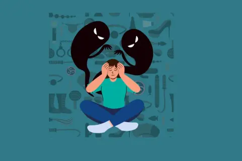 Persona angustiada con sombras que la atormentan, rodeada de objetos que sugieren pensamientos intrusivos sobre sexualidad.