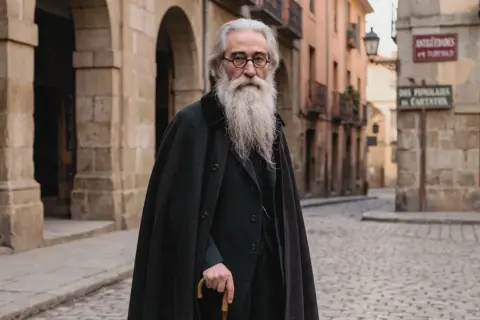 Un hombre con barba larga y gafas, vestido con capa y bastón, evoca las frases de Valle Inclán en una calle empedrada.