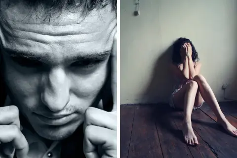 Un hombre con las manos en la cabeza y una mujer sentada en el suelo, ambos reflejando la tristeza de la distimia que es.